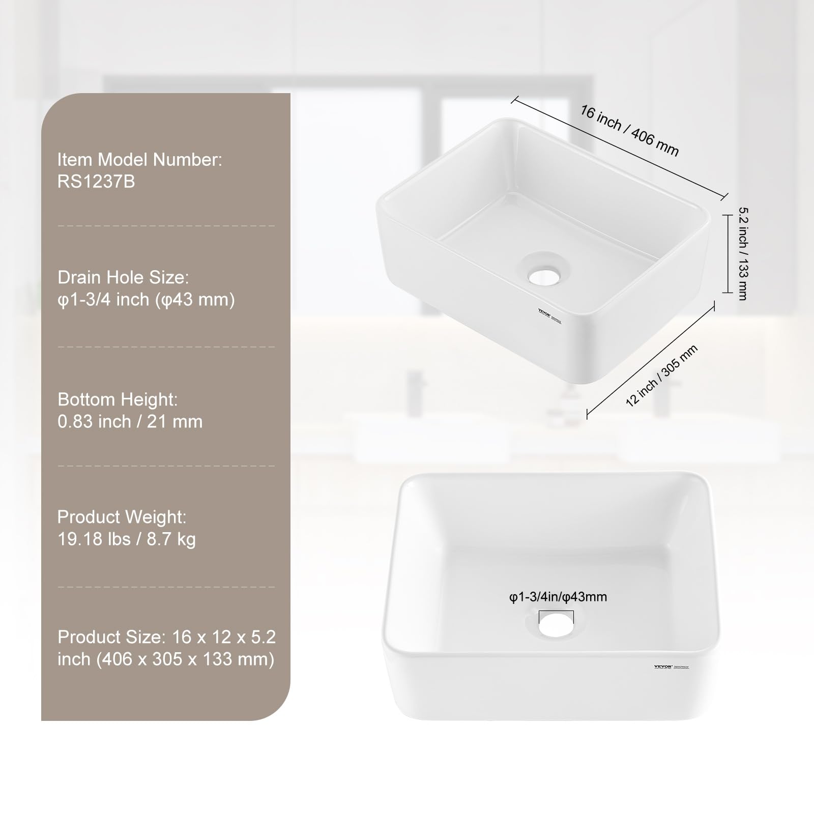 Foto 8 pulgar | Fregadero Rectangular Vevor De 40,64 Cm X 30,48 Cm, Cerámica Blanca - Venta Internacional.