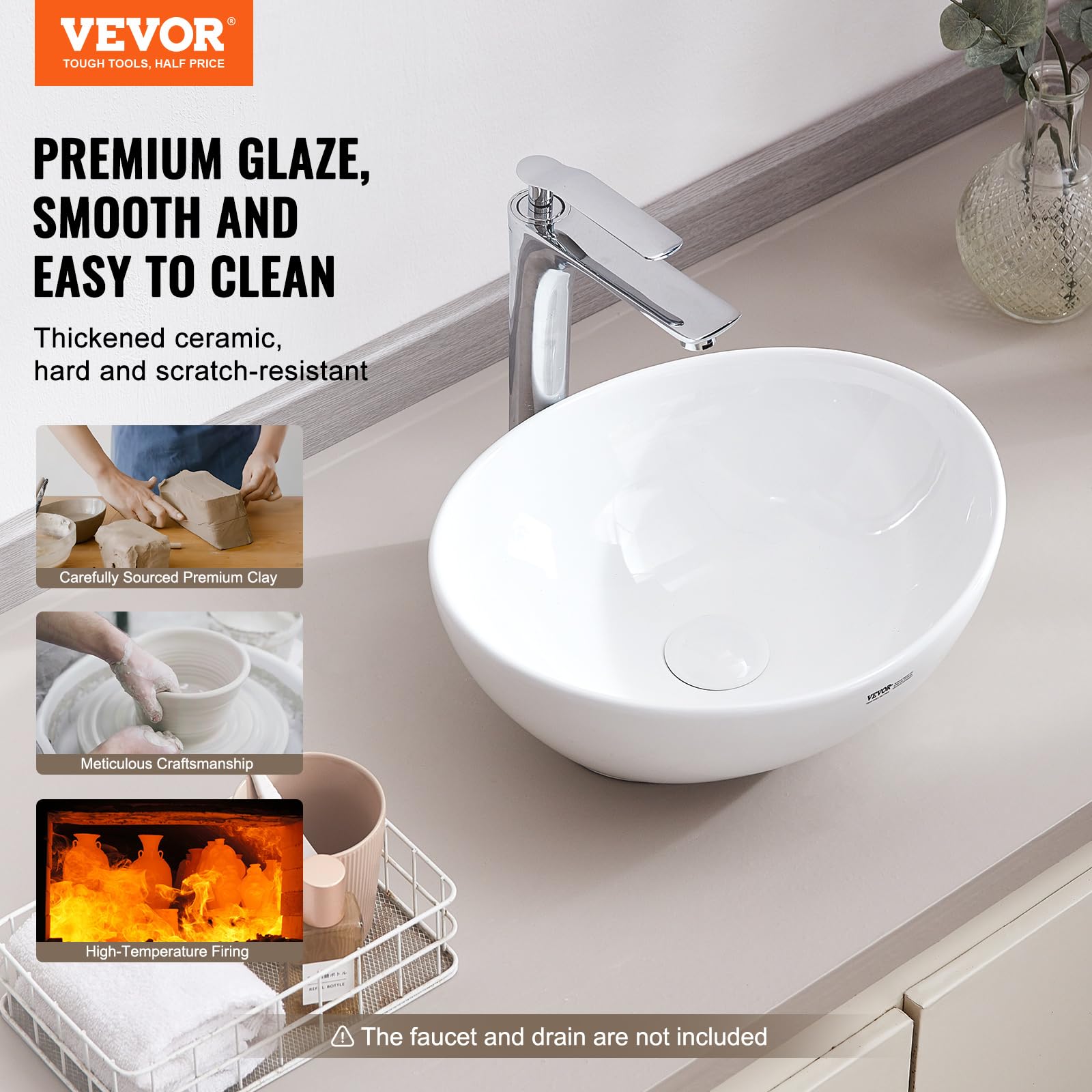 Foto 3 pulgar | Fregadero Vevor Ovalado De 40,64 Cm X 34,04 Cm, Cerámica Blanca - Venta Internacional.