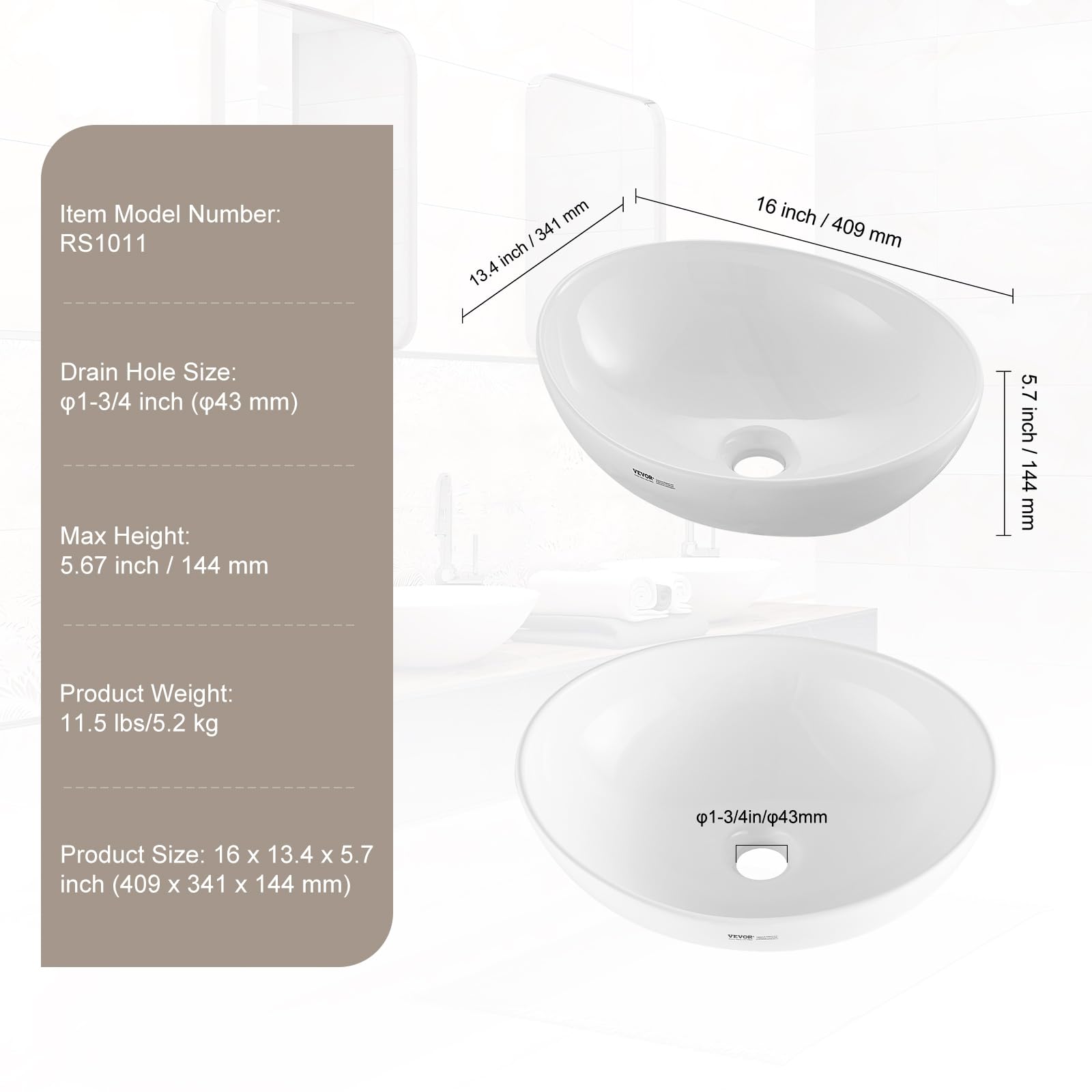 Foto 8 pulgar | Fregadero Vevor Ovalado De 40,64 Cm X 34,04 Cm, Cerámica Blanca - Venta Internacional.