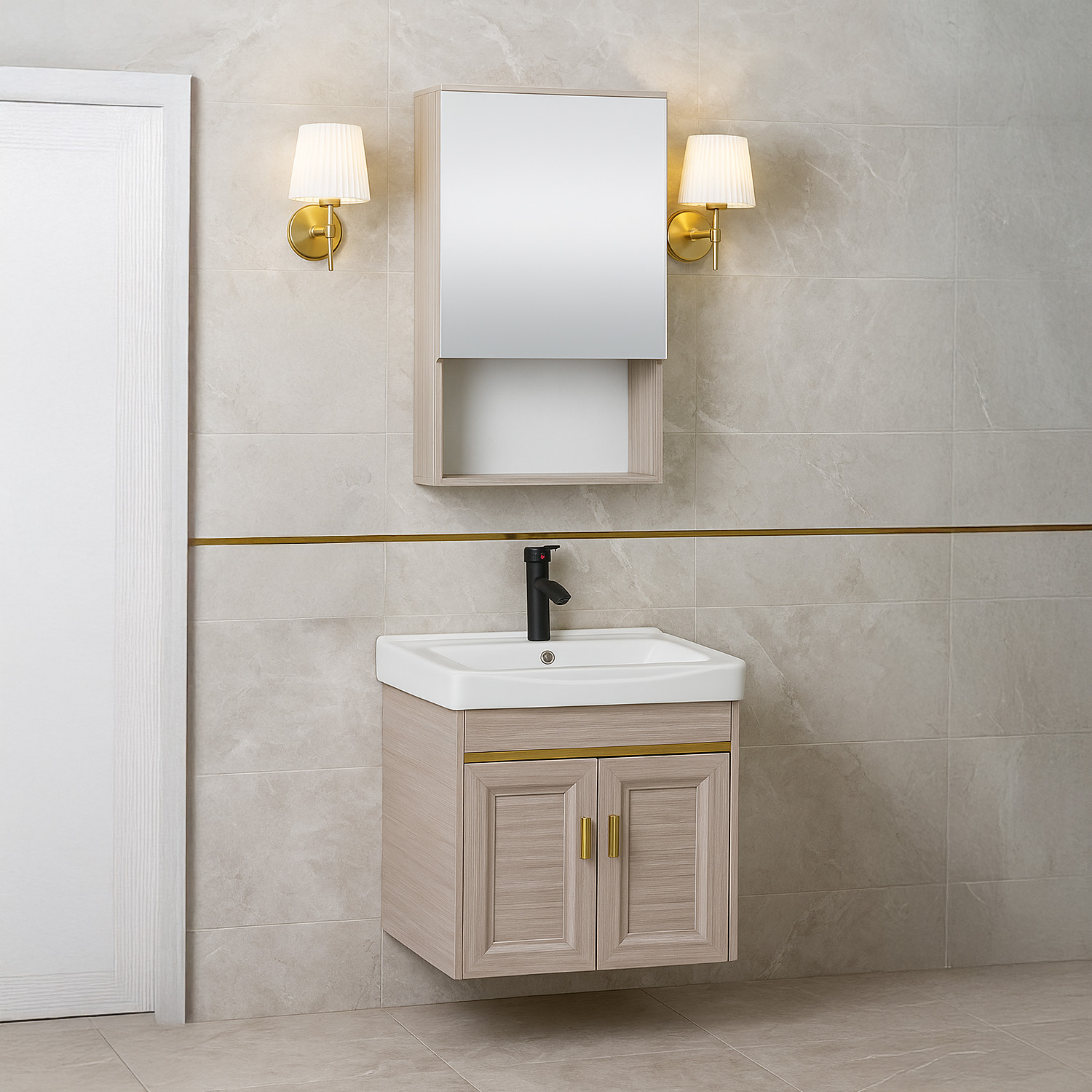 Foto 2 pulgar | Set Gabinete De Baño Con Espejo, Lavabo Cerámico Y Grifería Champagne Con Detalles Dorados Bellini