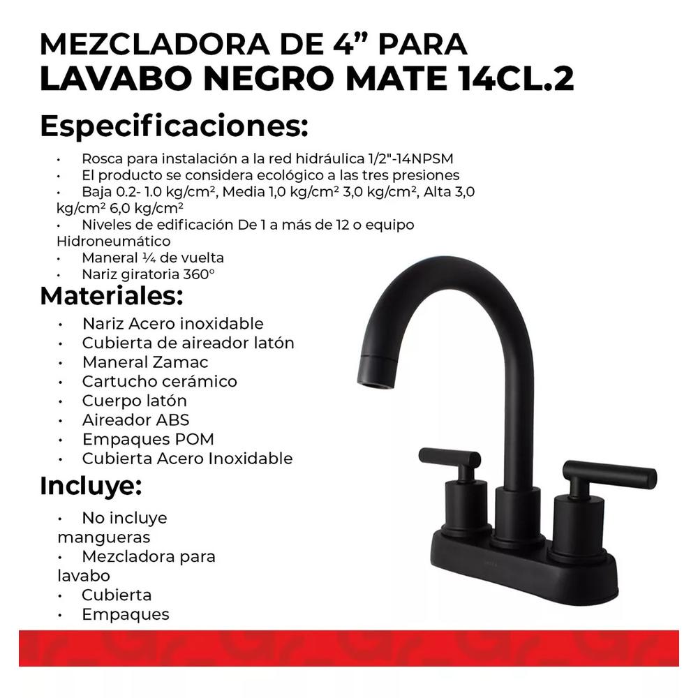 Foto 4 pulgar | Mezcladora Para Lavabo 4'' Tipo Bar Negro Mate 14cl.2 Urrea