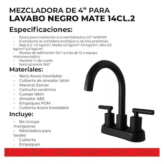 Foto 3 | Mezcladora Para Lavabo 4'' Tipo Bar Negro Mate 14cl.2 Urrea