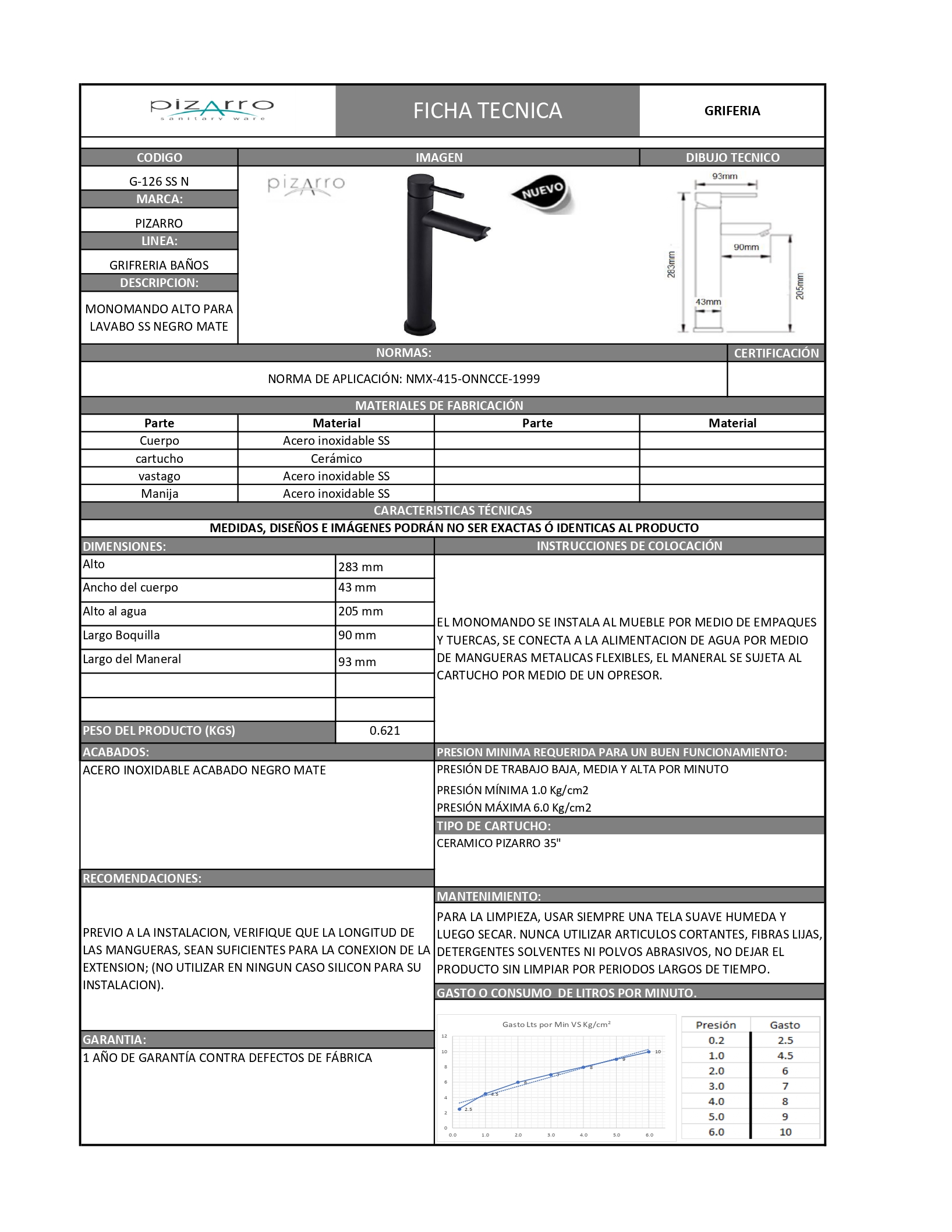 Foto 5 | Monomando para Lavabo Pizarro en Acero Inoxidable Negro G-126-ssn