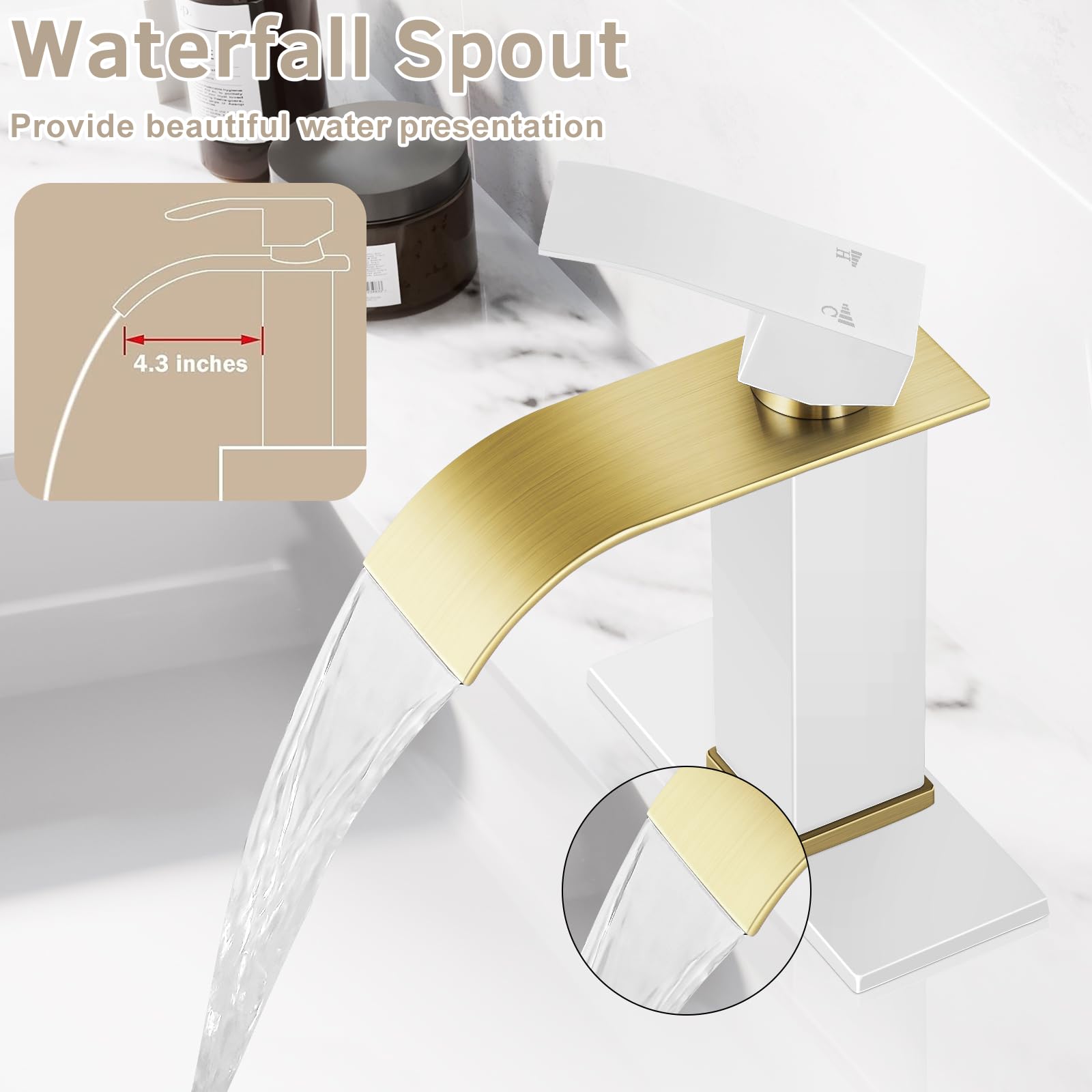 Foto 3 | Grifo De Baño Qomolangma Waterfall Blanco/dorado Cepillado - Venta Internacional.