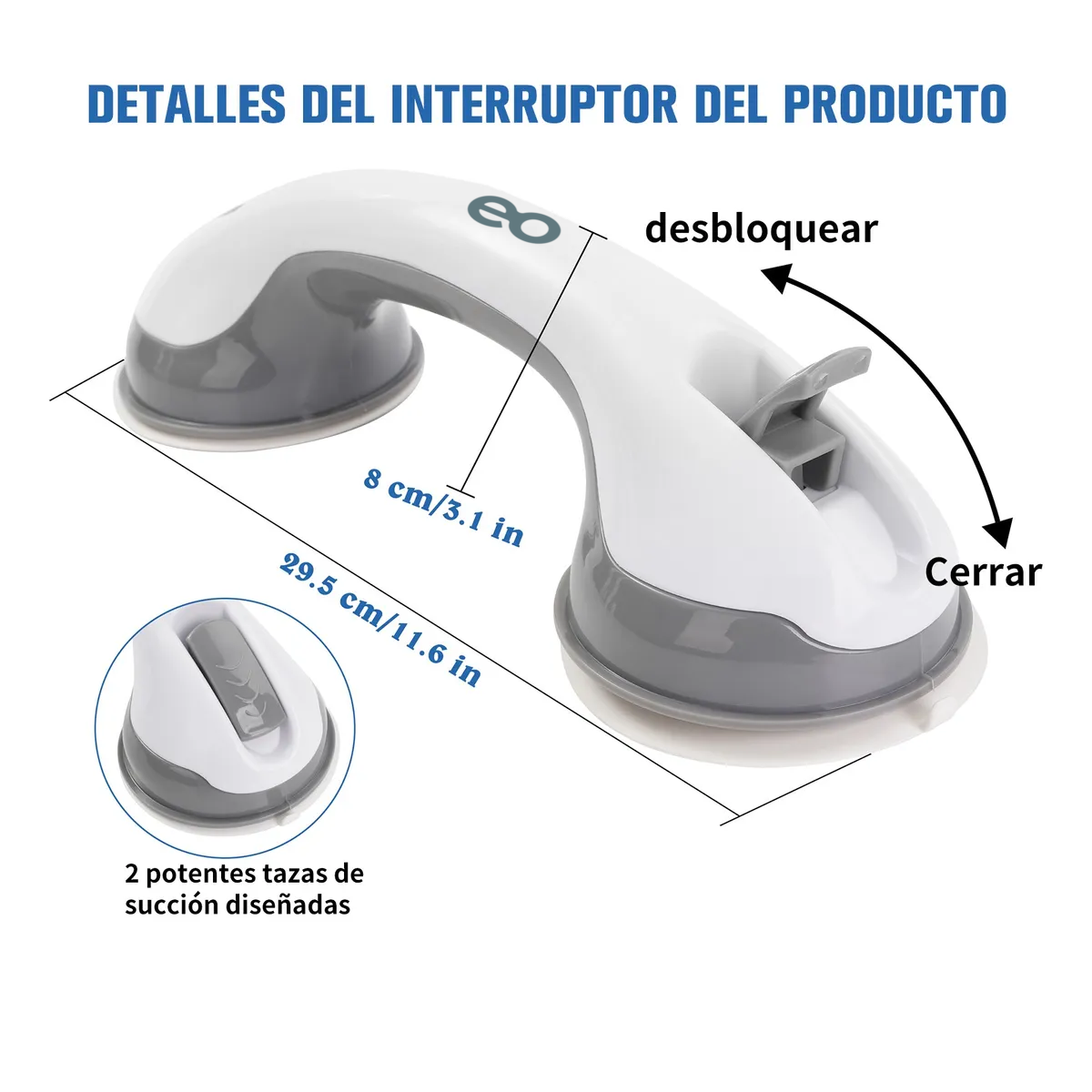 Foto 2 | 2 Piezas Barras De Apoyo Con Ventosa Seguridad Para Baño Eo Safe Imports Esi-18922 Blanco