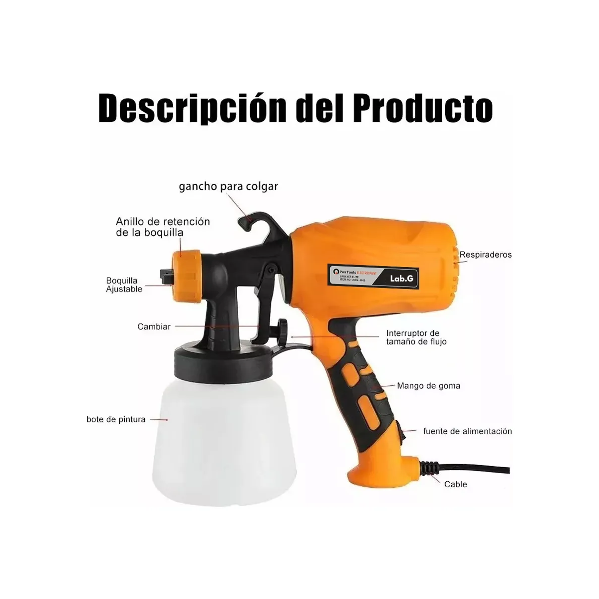 Foto 5 | Pistola Para Pintar  pulverizador De Acabado Fino 400w  1200ml Lab.g Naranja