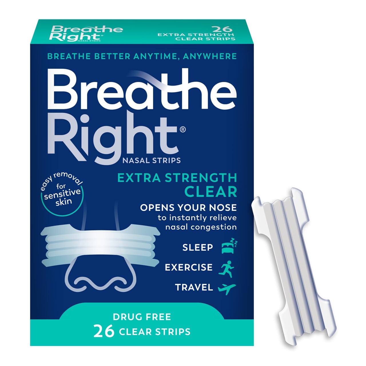 Tiras Nasales Breathe Right Extra Strength, Transparentes, 26 Unidades - Venta Internacional.