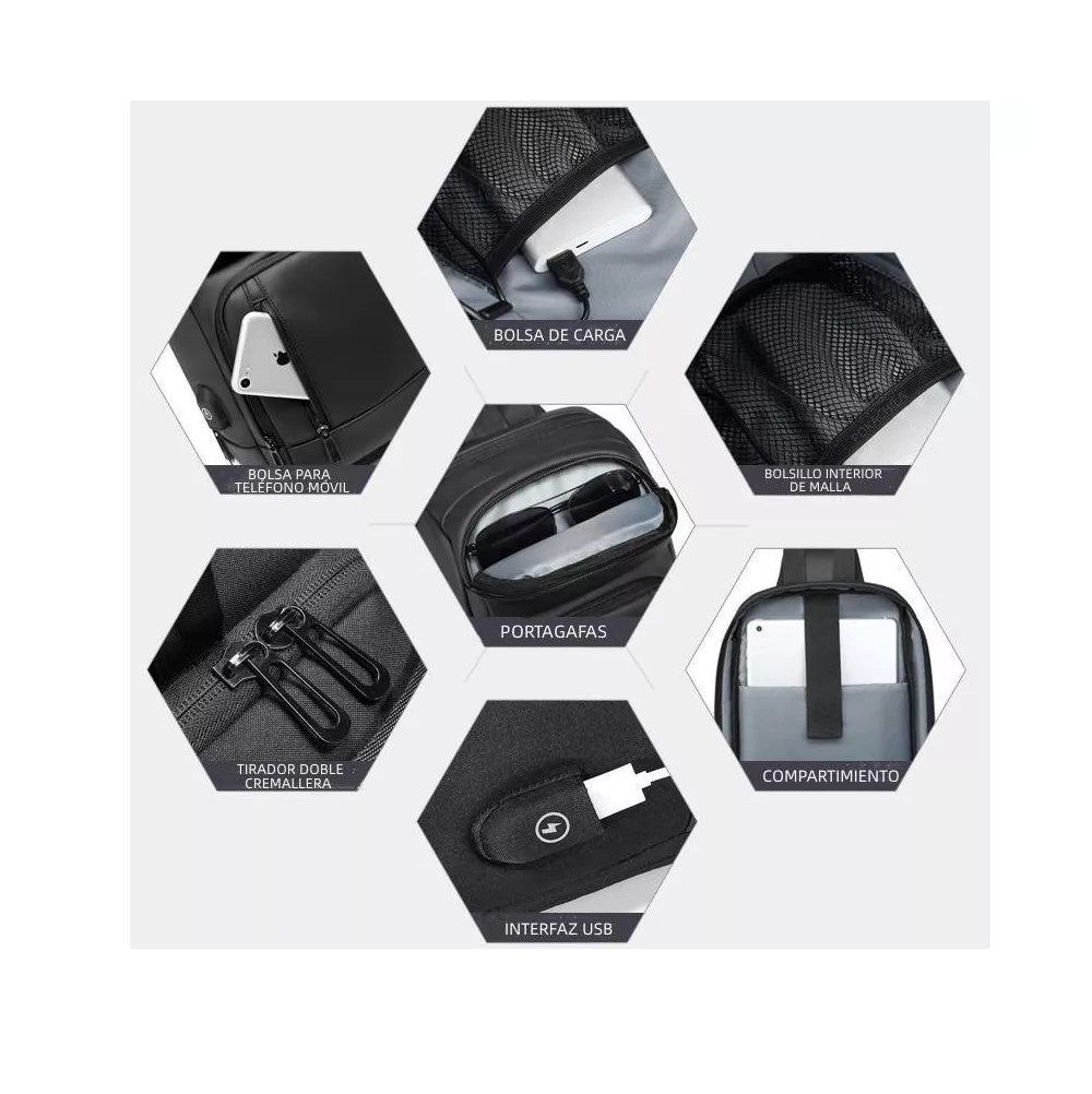 Foto 4 pulgar | Mochila Pechera Cruzada Bandolera Impermeable Antirrobo Usb, Negro