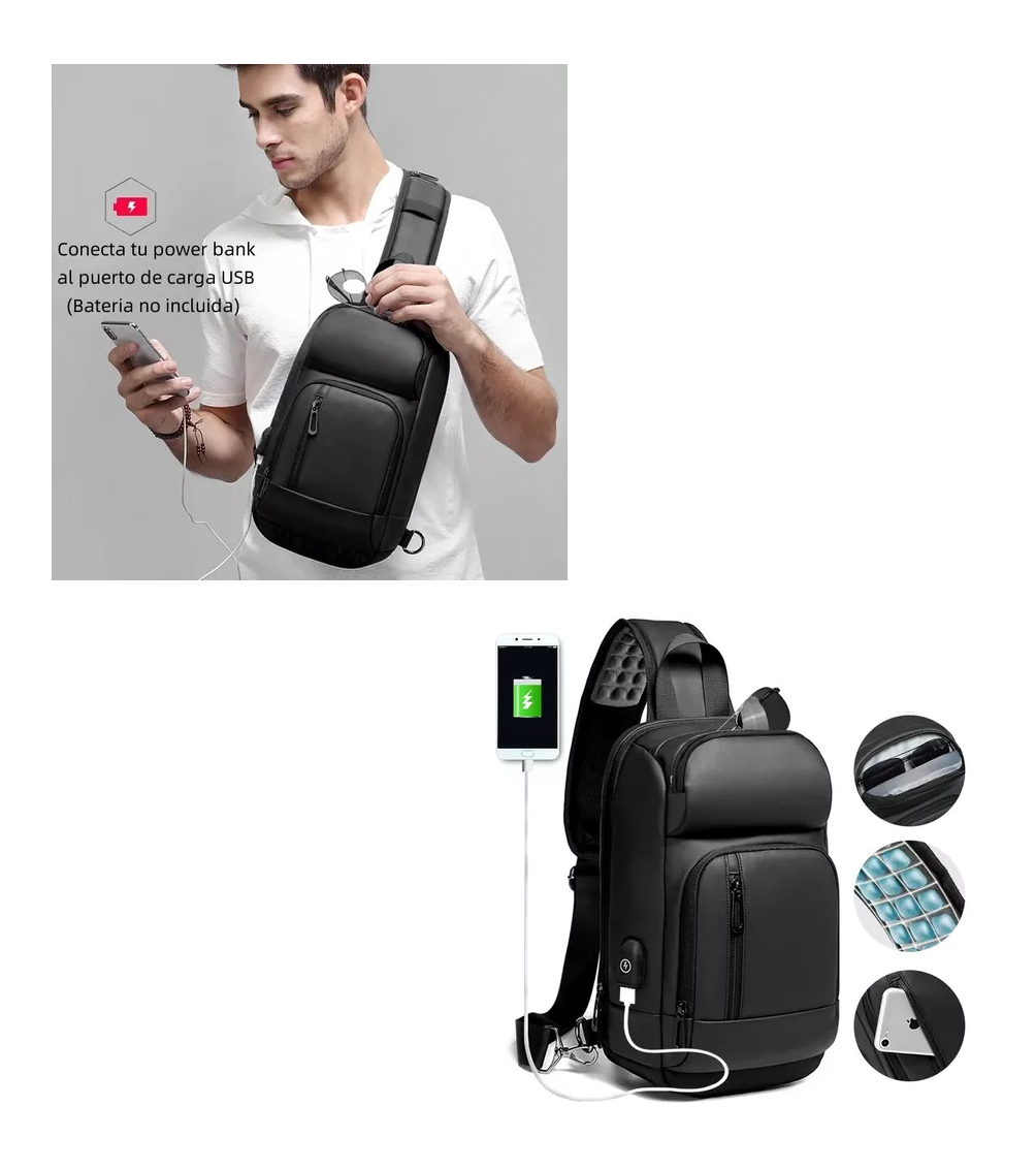 Foto 5 pulgar | Mochila Pechera Cruzada Bandolera Impermeable Antirrobo Usb, Negro