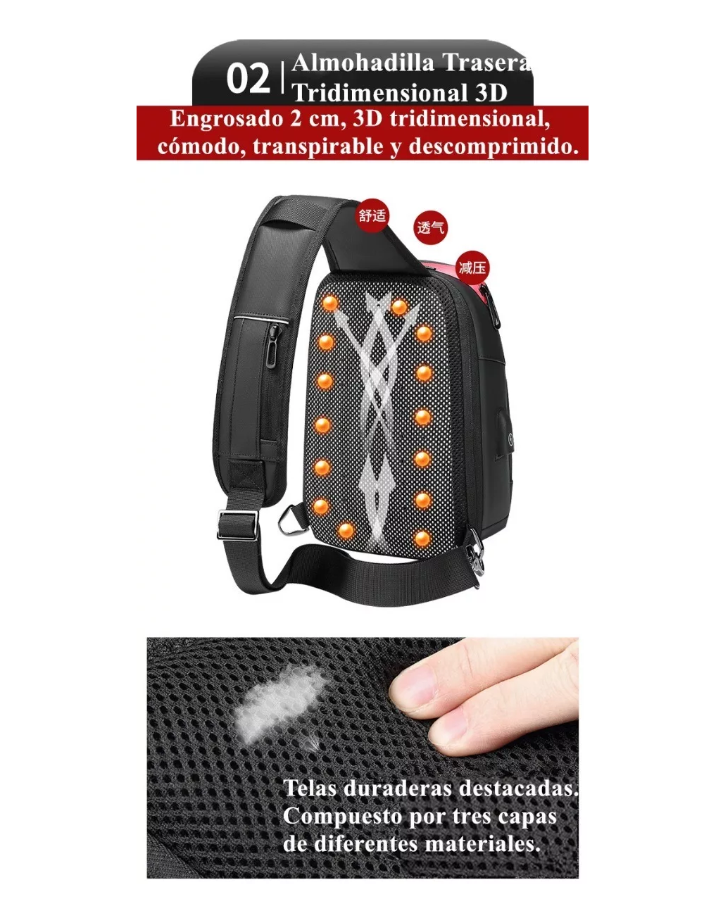 Foto 4 pulgar | Mochila Cruzada Bandolera Para Hombre Hombro Carga Usb Lujo Negro/rojo