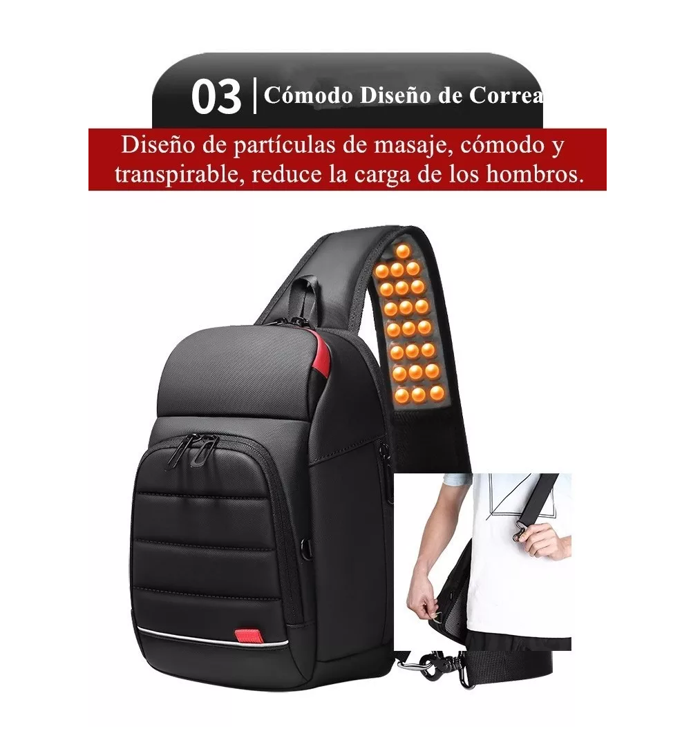 Foto 5 pulgar | Mochila Cruzada Bandolera Para Hombre Hombro Carga Usb Lujo Negro/rojo