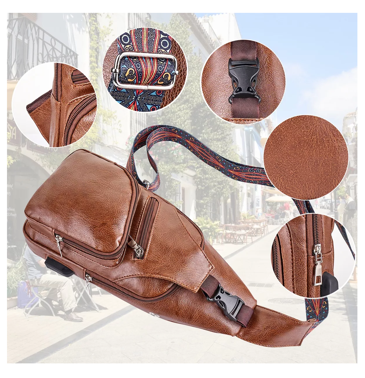 Foto 3 | Bolso De Pecho De Hombre Cuero, Marrón Claro