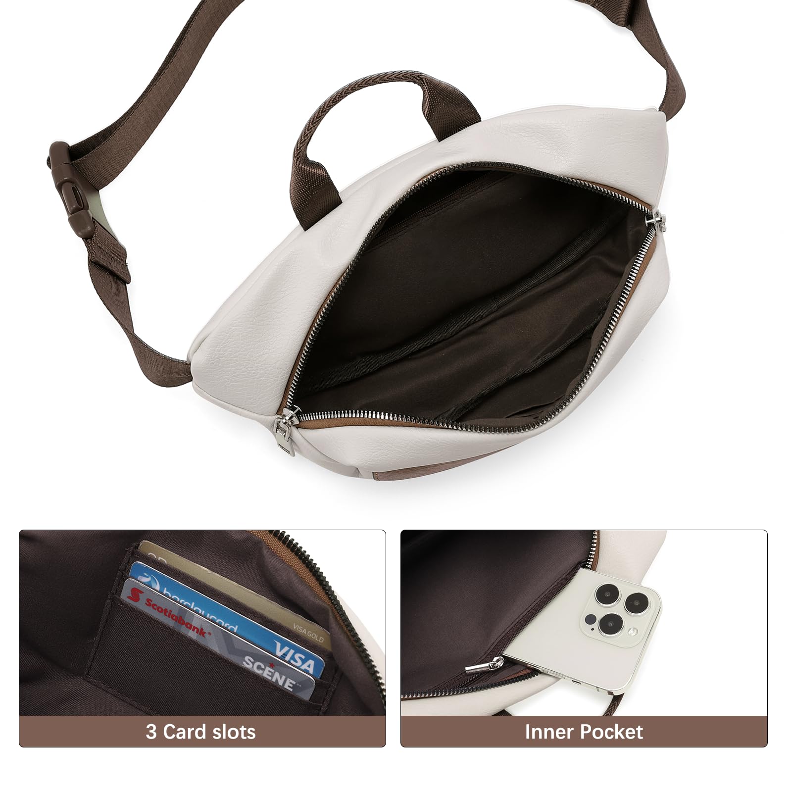 Foto 5 pulgar | Riñonera Cluci Bandolera Para Mujer De Color Blanco Roto Con Piel Vegana Marrón - Venta Internacional.