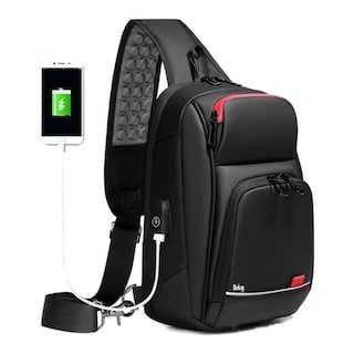 Foto 1 | Pechera Mochila Cruzada Para Hombre Lujo Antirrobo Carga Usb Belug, Negro Lineas Rojas