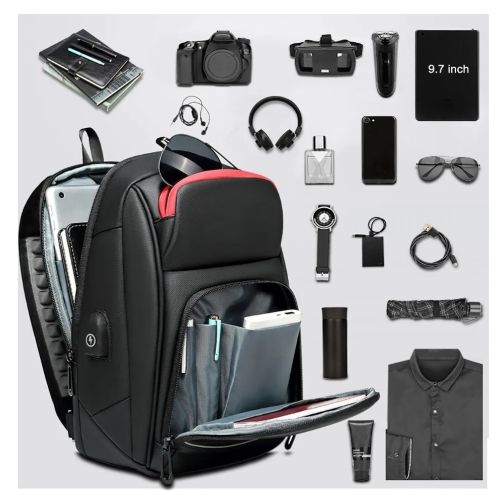 Foto 2 | Pechera Mochila Cruzada Para Hombre Lujo Antirrobo Carga Usb Belug,  Negro Lineas Rojas