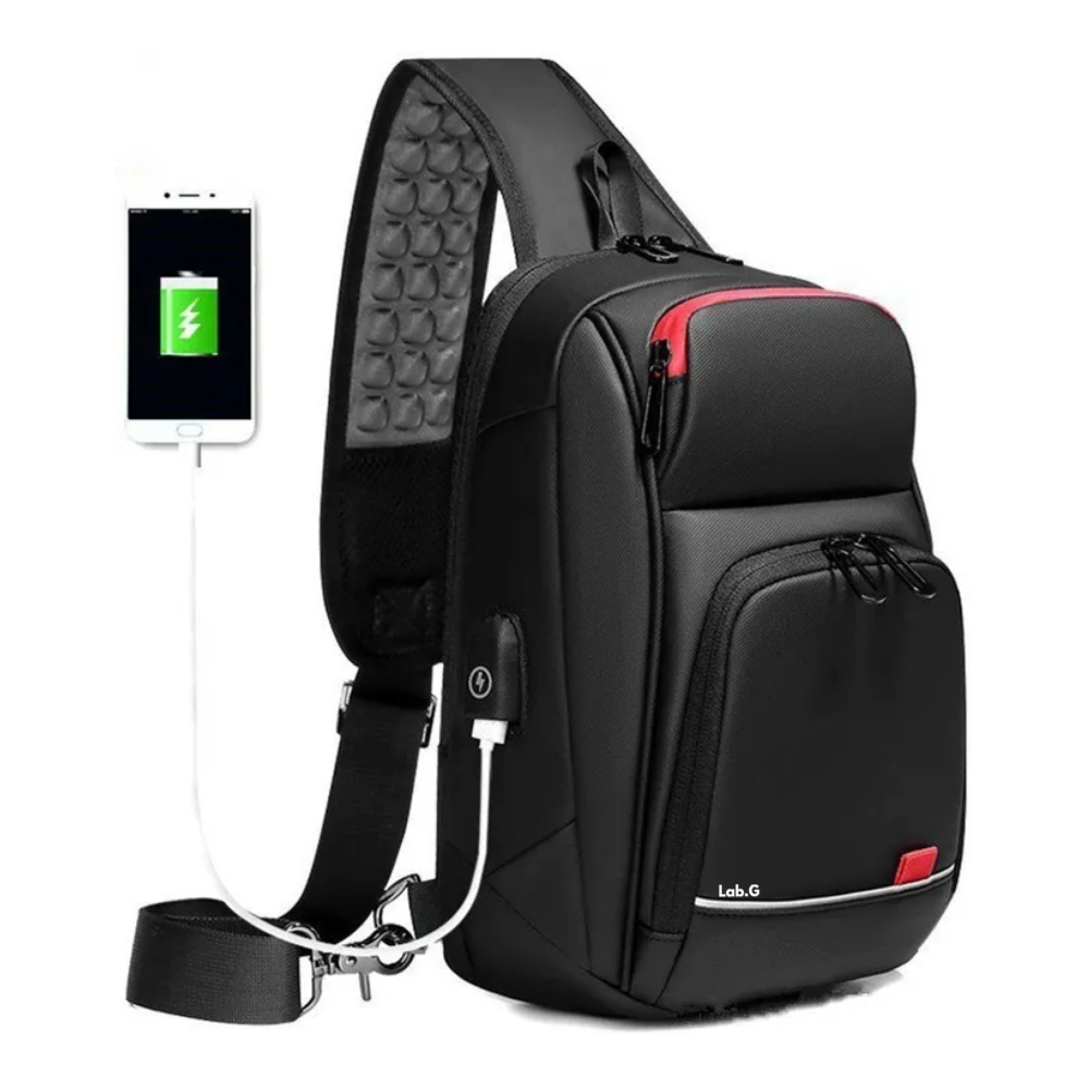 Foto 2 pulgar | Pechera Mochila Cruzada Para Hombre Lujo Antirrobo Carga Usb Lab.g,  Negro Lineas Rojas