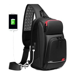 Foto 1 | Pechera Mochila Cruzada Para Hombre Lujo Antirrobo Carga Usb Lab.g, Negro Lineas Rojas
