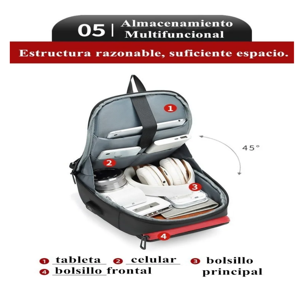 Foto 6 pulgar | Mochila Cruzada Bandolera Para Hombre Hombro Carga Usb Belug,  Negro