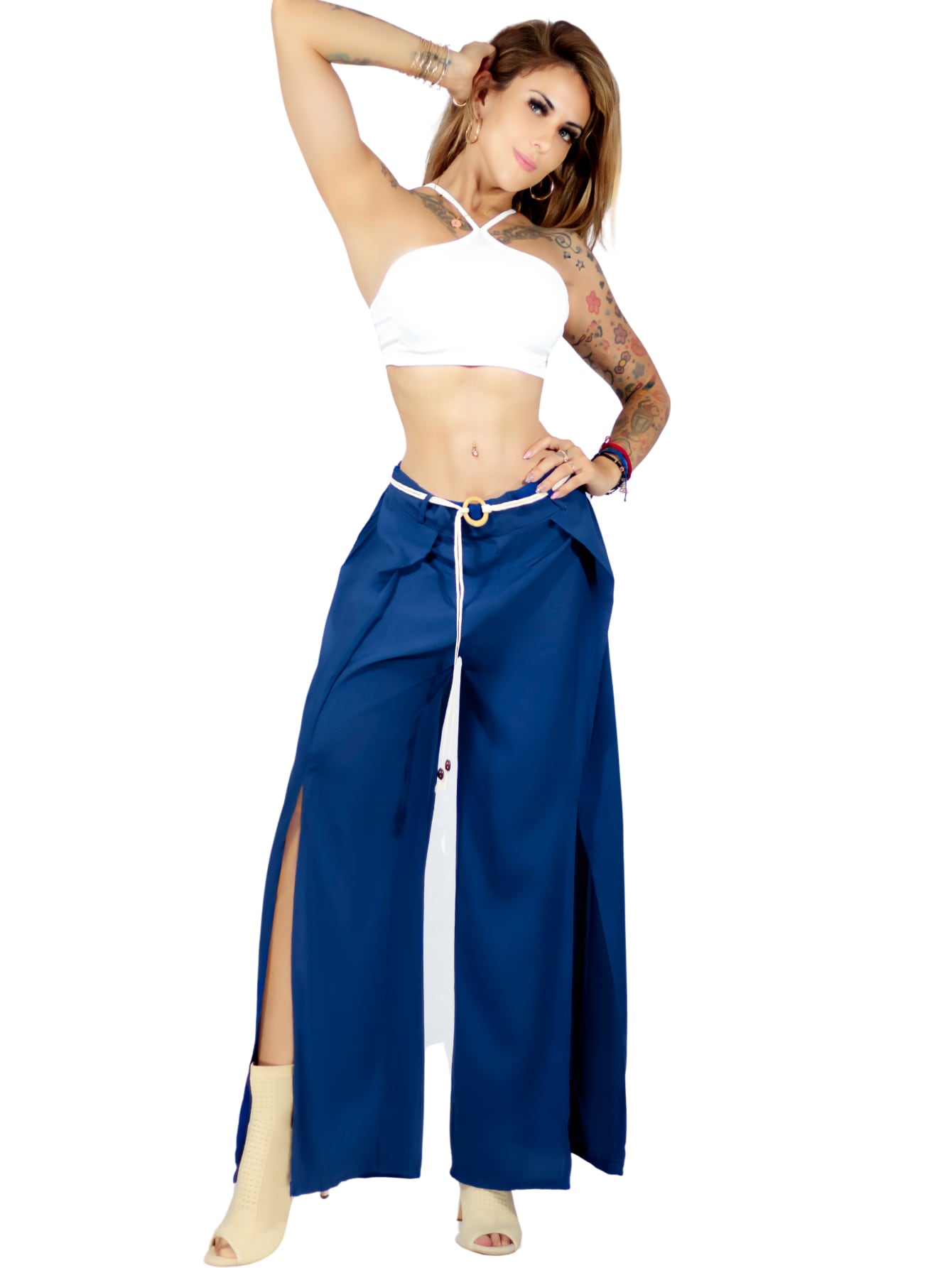 Pantalones Palazzo Azules con Volantes y Cinturón Decorativo para Mujer $289