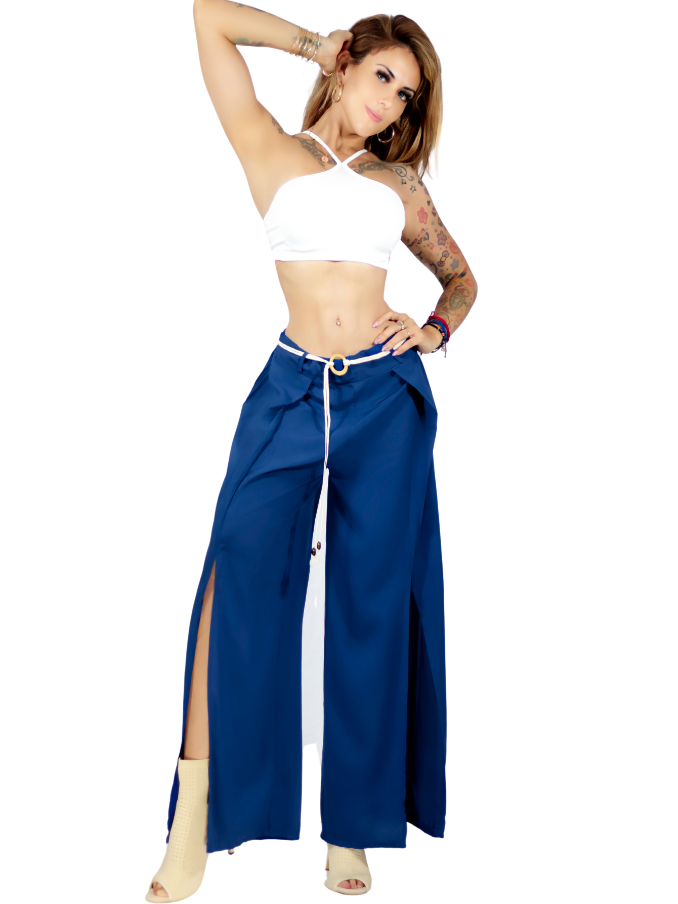 Foto 2 pulgar | Pantalones Palazzo Azules con Volantes y Cinturón Decorativo para Mujer