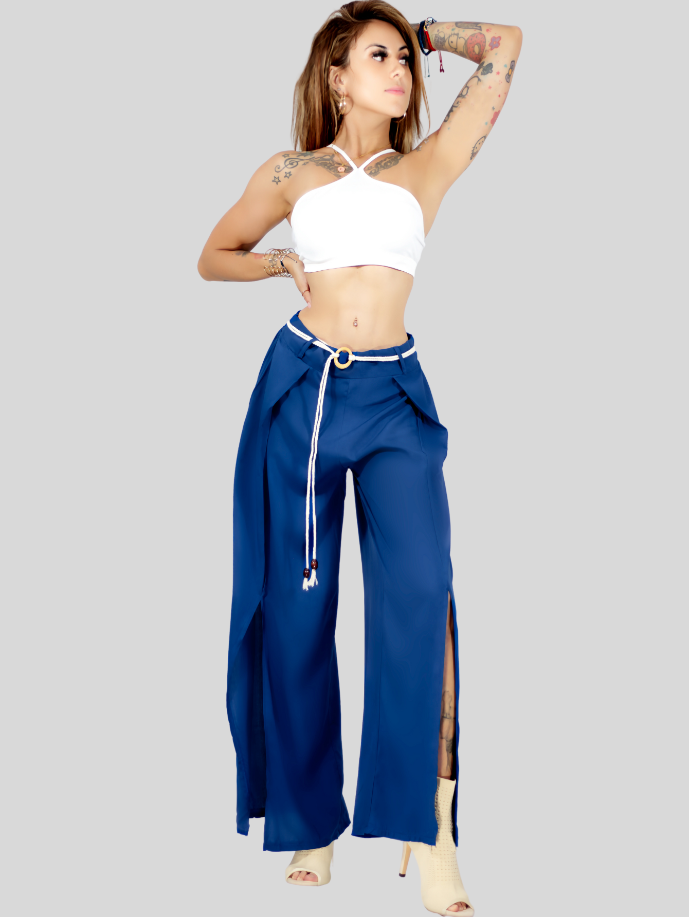 Foto 3 pulgar | Pantalones Palazzo Azules con Volantes y Cinturón Decorativo para Mujer