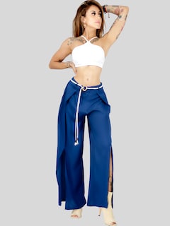 Foto 2 | Pantalones Palazzo Azules con Volantes y Cinturón Decorativo para Mujer