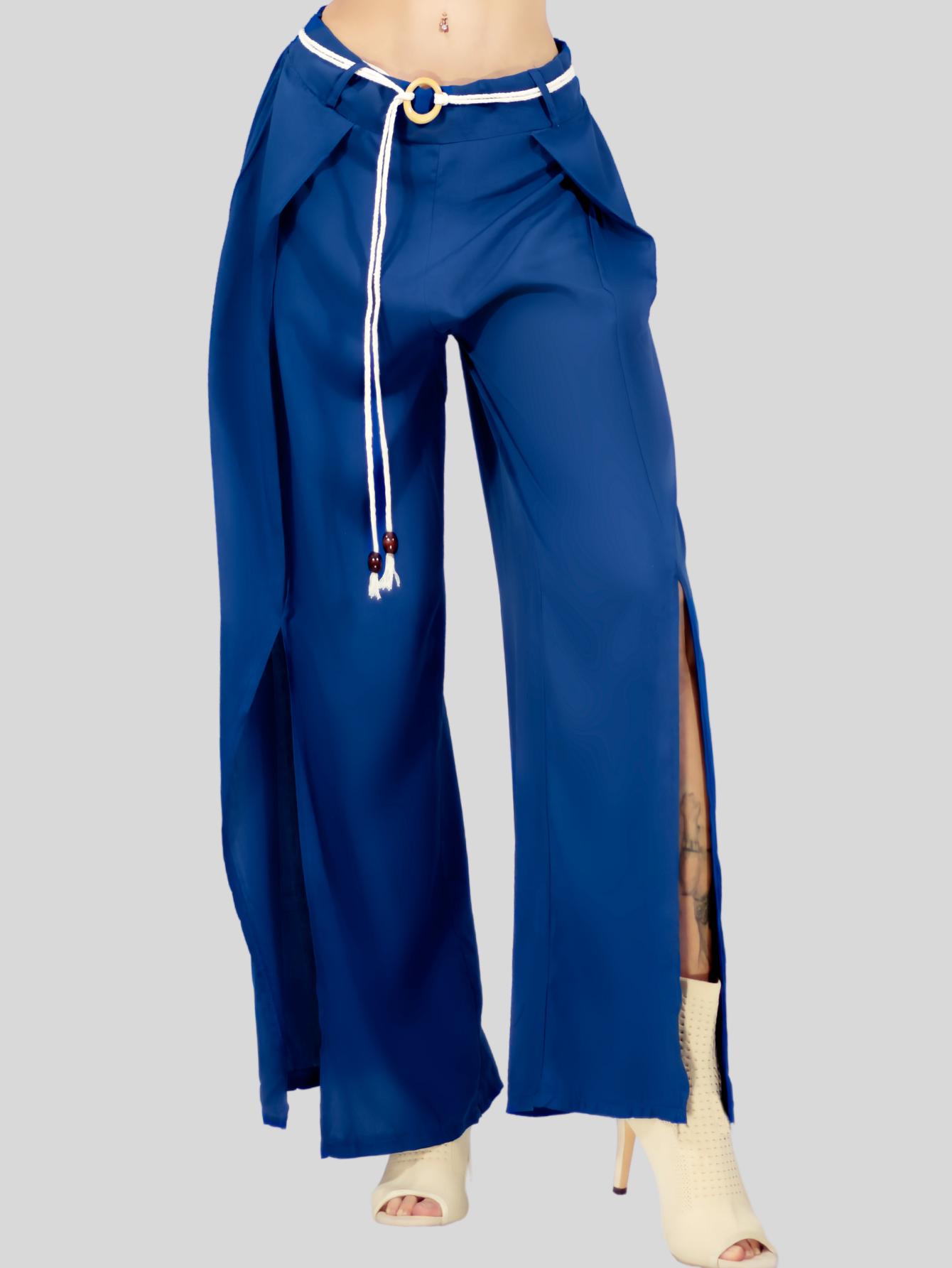 Foto 5 pulgar | Pantalones Palazzo Azules con Volantes y Cinturón Decorativo para Mujer