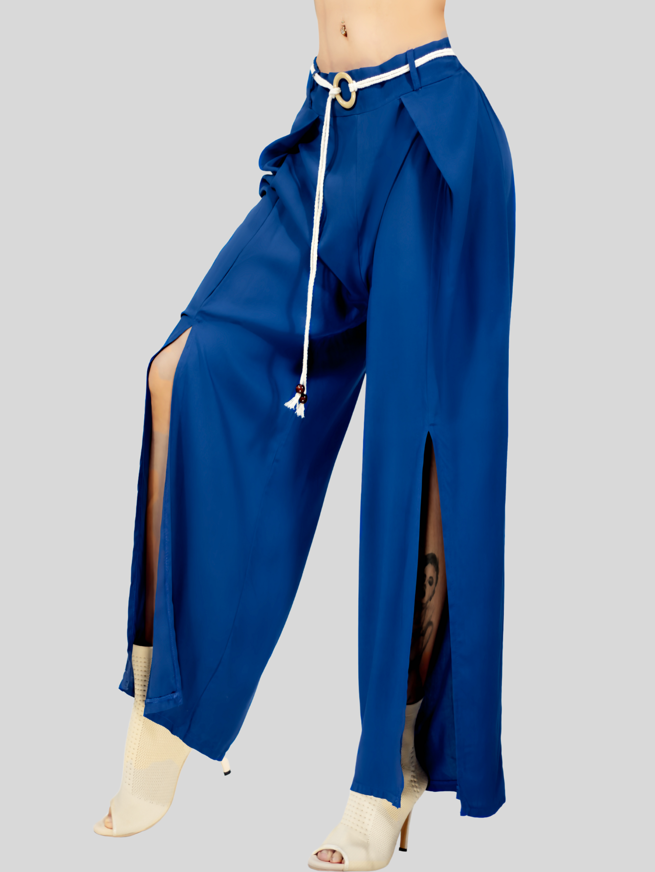 Foto 6 pulgar | Pantalones Palazzo Azules con Volantes y Cinturón Decorativo para Mujer