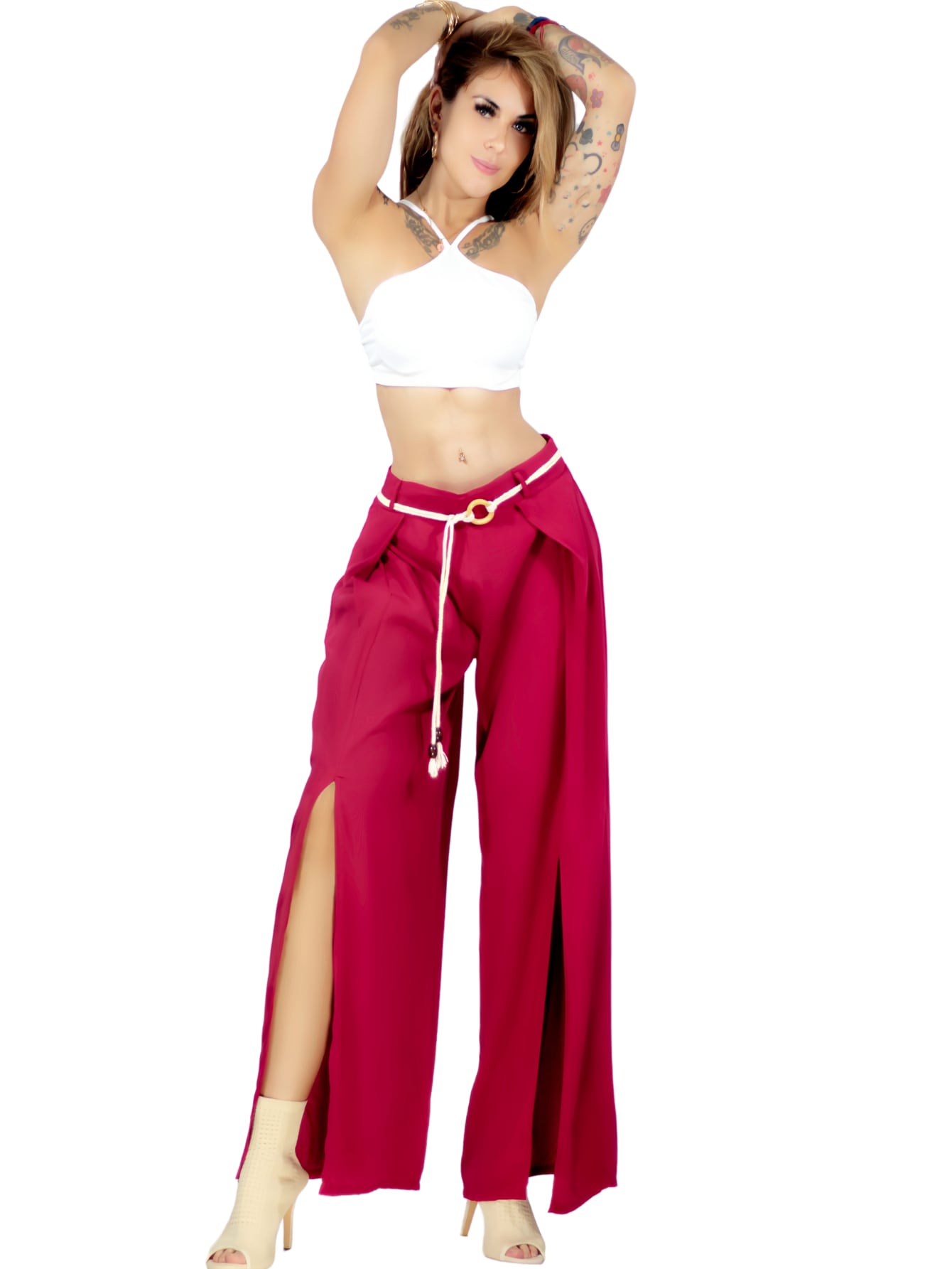 Pantalones Palazzo Rojos de Pierna Ancha con Volantes y Cinturón Decorativo para Mujer $289