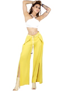 Foto 1 | Pantalones Palazzo de Pierna Ancha Panta-1008 Amarillos de Cinturón Decorativo para Mujer