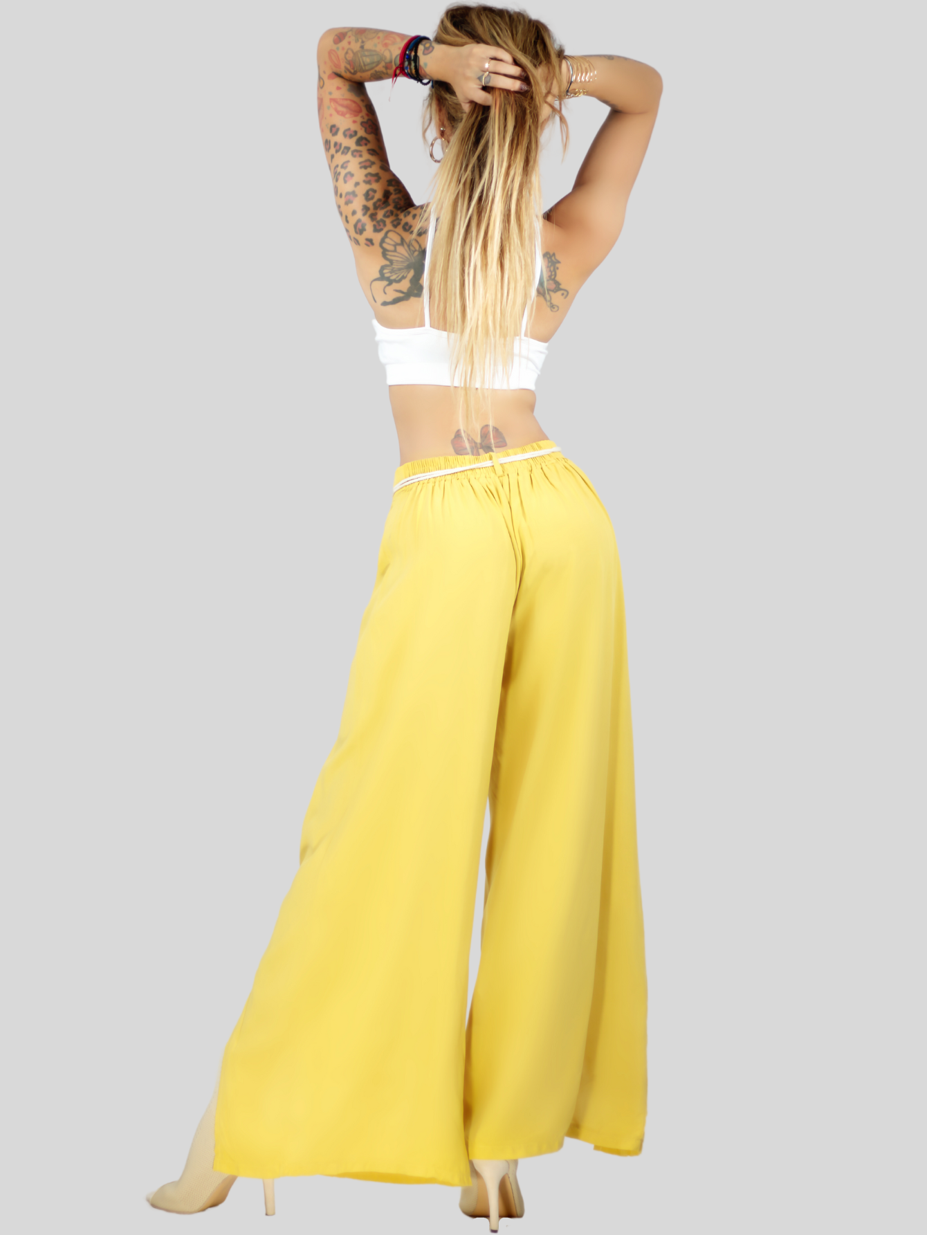 Foto 4 pulgar | Pantalones Palazzo de Pierna Ancha Panta-1008 Amarillos de Cinturón Decorativo para Mujer