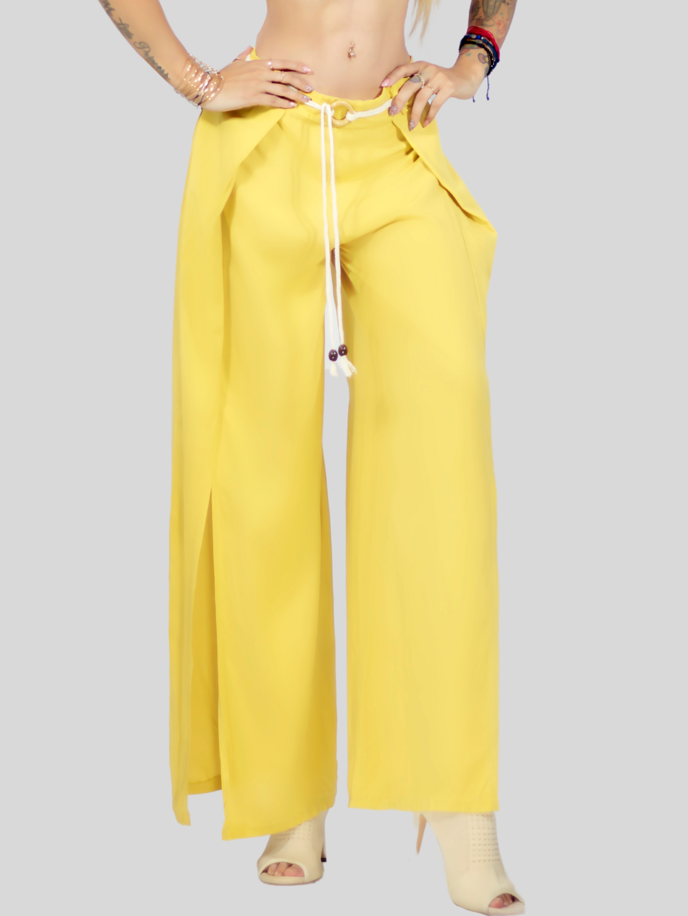 Foto 4 | Pantalones Palazzo de Pierna Ancha Panta-1008 Amarillos de Cinturón Decorativo para Mujer