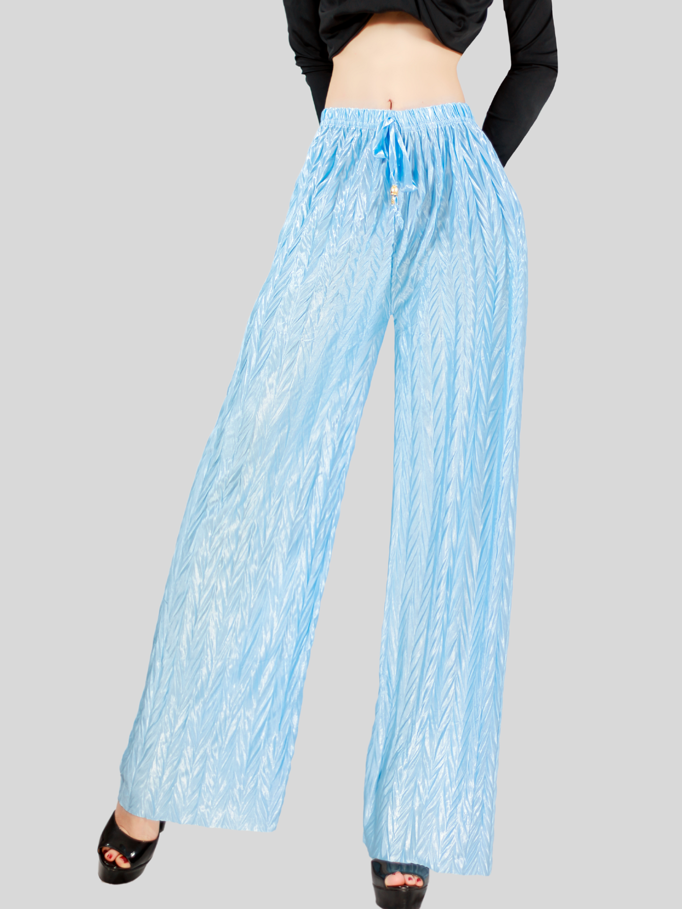Foto 3 pulgar | Pantalones Para Mujer Estilo Palazzo De Pierna Ancha Panta-1009 Color Azul Claro Metalico Pantalones Elegantes