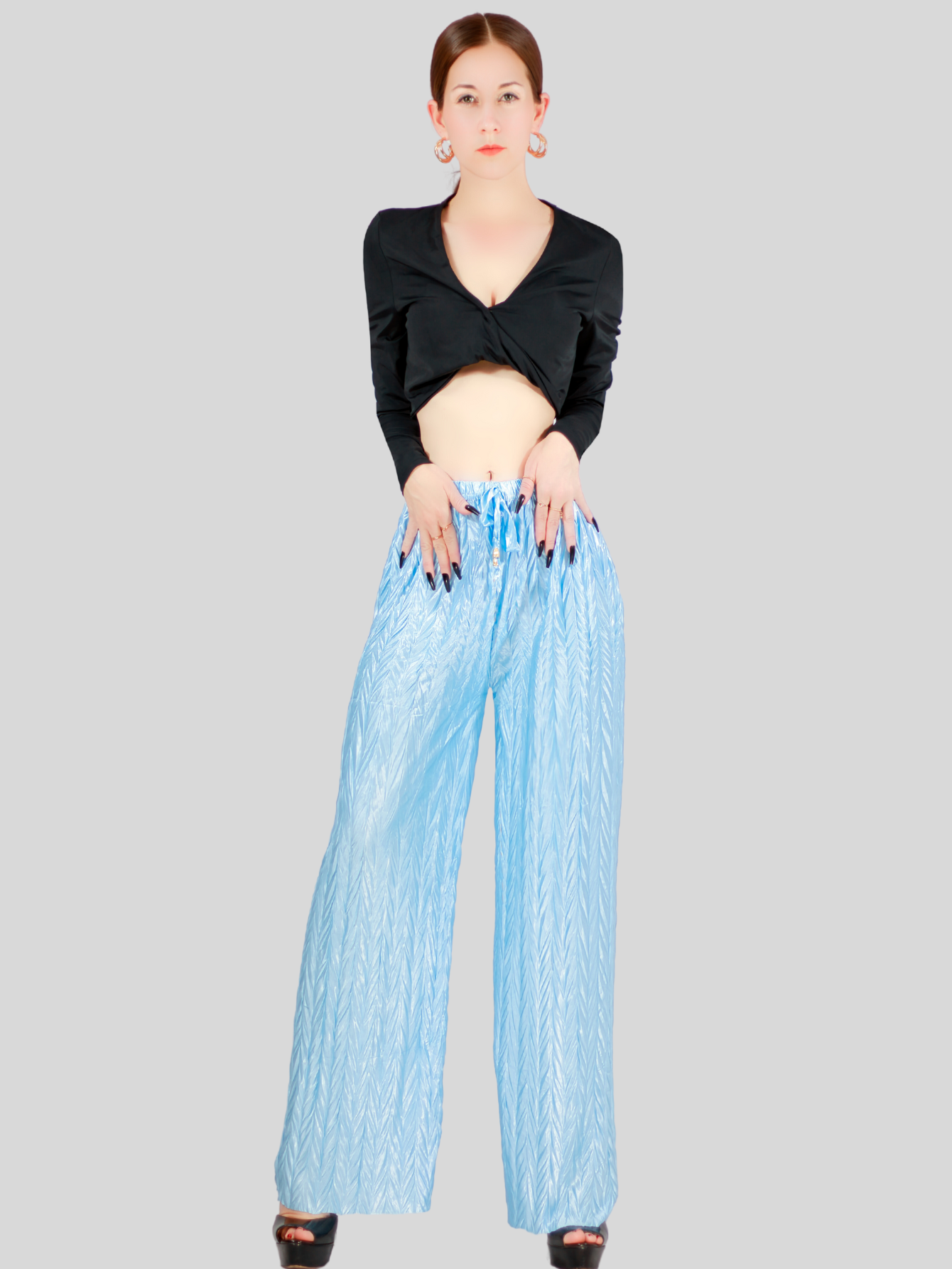 Foto 5 | Pantalones Para Mujer Estilo Palazzo De Pierna Ancha Panta-1009 Color Azul Claro Metalico Pantalones Elegantes