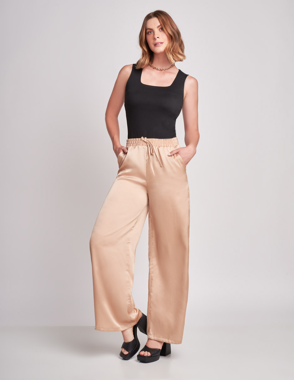 Foto 2 pulgar | Pantalón Devendi Color Beige Satinado Wide Leg