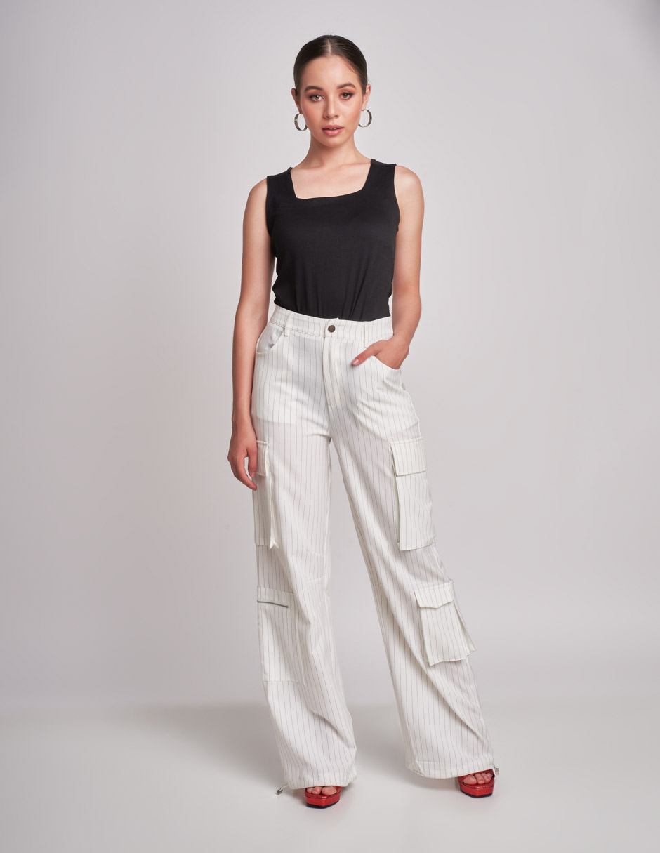 Foto 2 pulgar | Pantalón Devendi Color Blanco Wide Leg Líneas