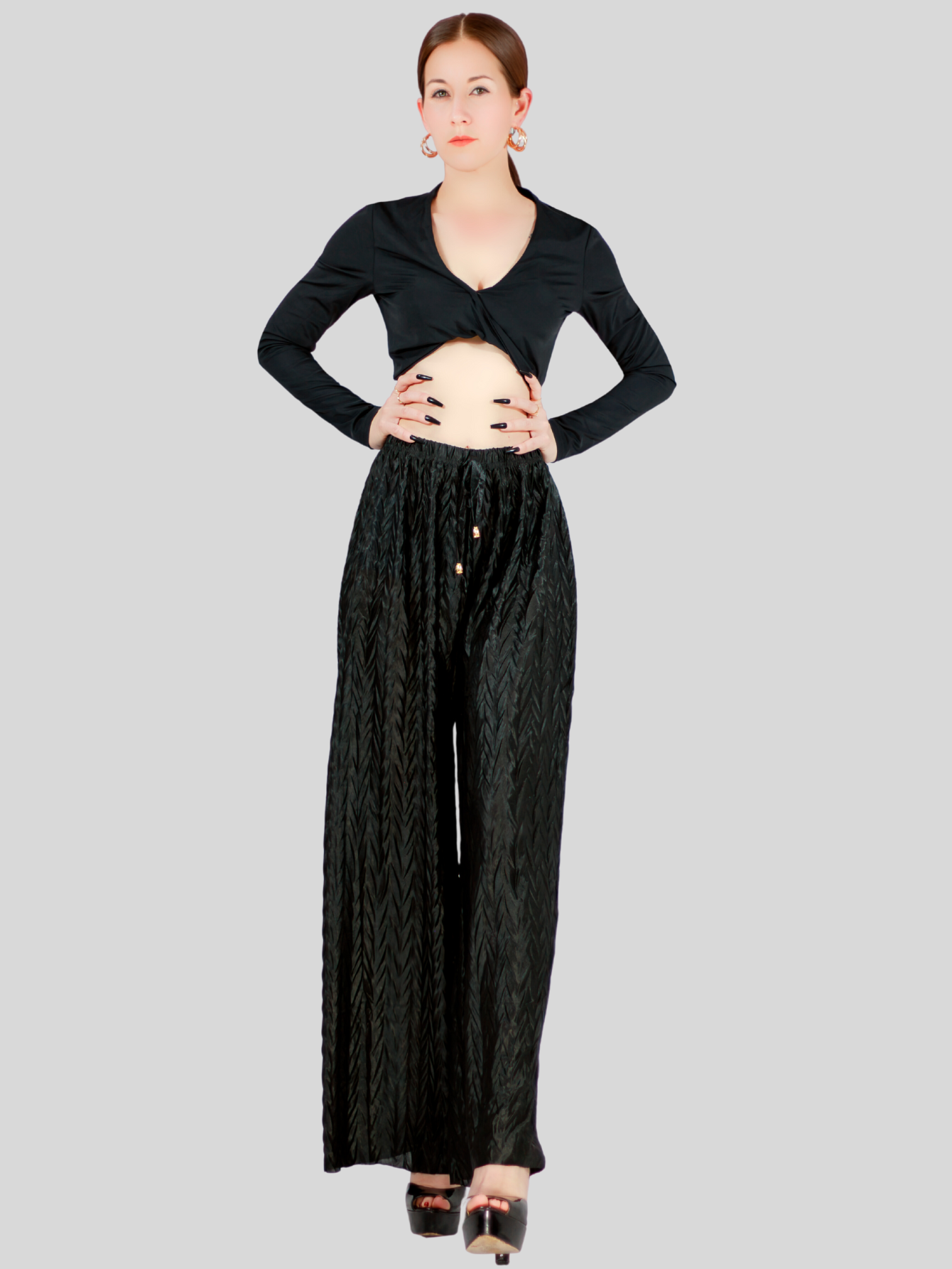 Foto 5 | Pantalones Para Mujer Estilo Palazzo De Pierna Ancha Panta-1009 Color Negro Metalico Pantalones Elegantes