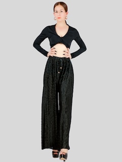 Foto 5 | Pantalones Para Mujer Estilo Palazzo De Pierna Ancha Panta-1009 Color Negro Metalico Pantalones Elegantes