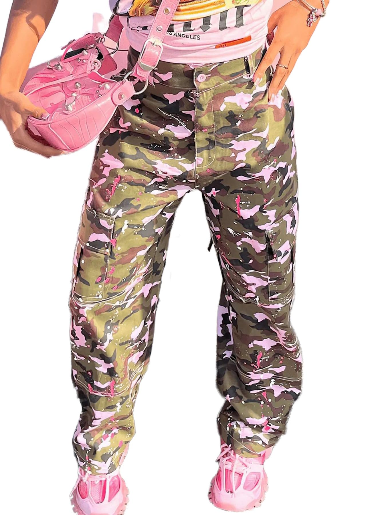 Foto 2 pulgar | Pantalones Cargo Camo Para Mujer, Talla 3xl, Rosa, Cintura Alta, Pierna Recta - Venta Internacional.