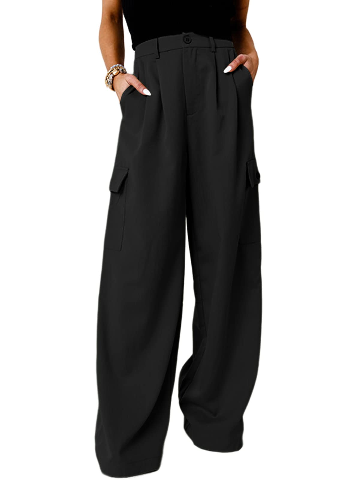 Pantalones Cargo Dokotoo Negros Cintura Alta y Pierna Ancha para Mujer - Venta Internacional