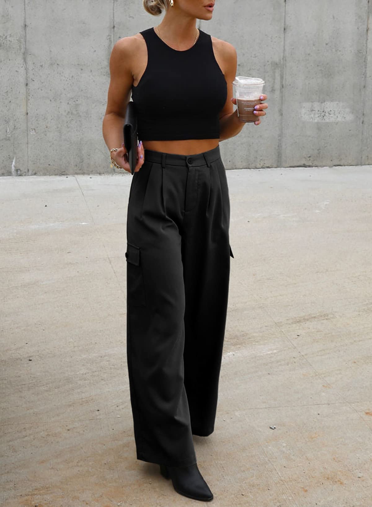 Foto 6 pulgar | Pantalones Cargo Dokotoo Negros Cintura Alta y Pierna Ancha para Mujer - Venta Internacional