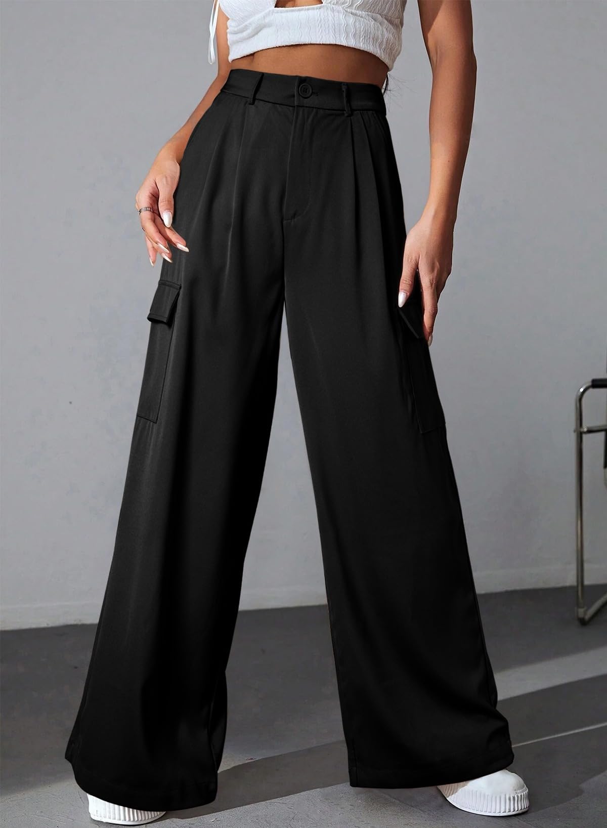 Foto 8 pulgar | Pantalones Cargo Dokotoo Negros Cintura Alta y Pierna Ancha para Mujer - Venta Internacional
