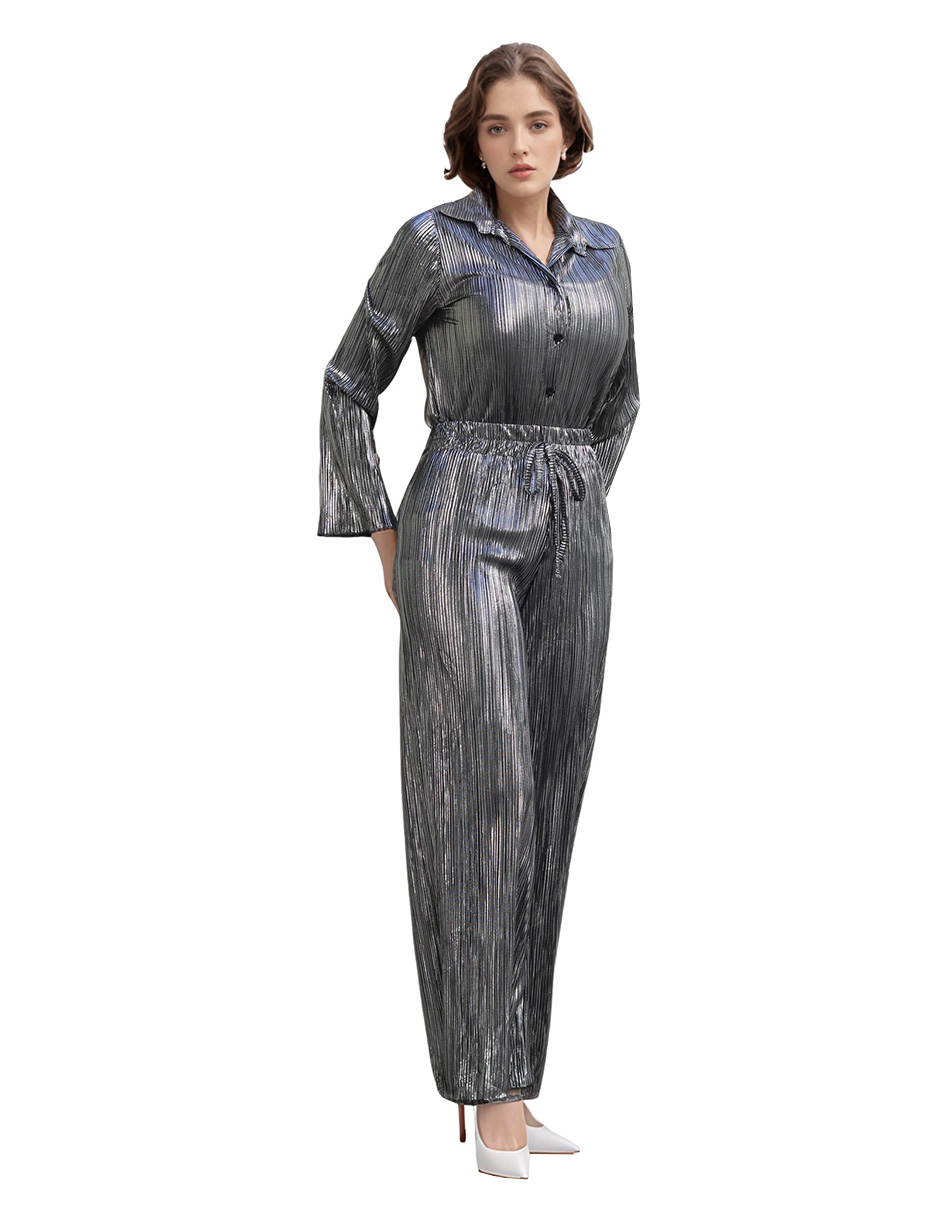 Conjunto Blusa Y Pantalón Recto Brillante Rouss Plateado