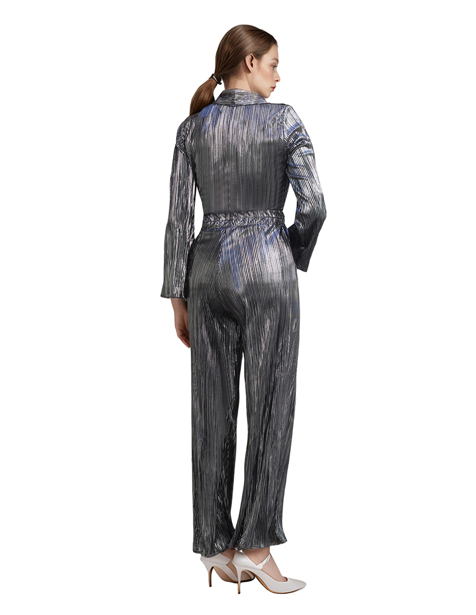Foto 4 pulgar | Conjunto Blusa Y Pantalón Recto Brillante Rouss Plateado