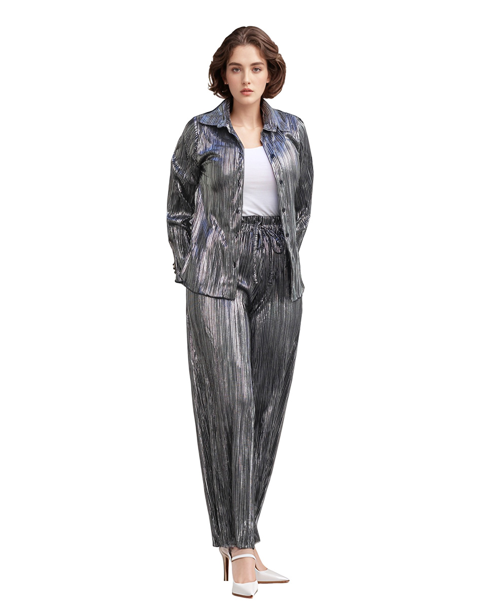 Foto 4 | Conjunto Blusa Y Pantalón Recto Brillante Rouss Plateado