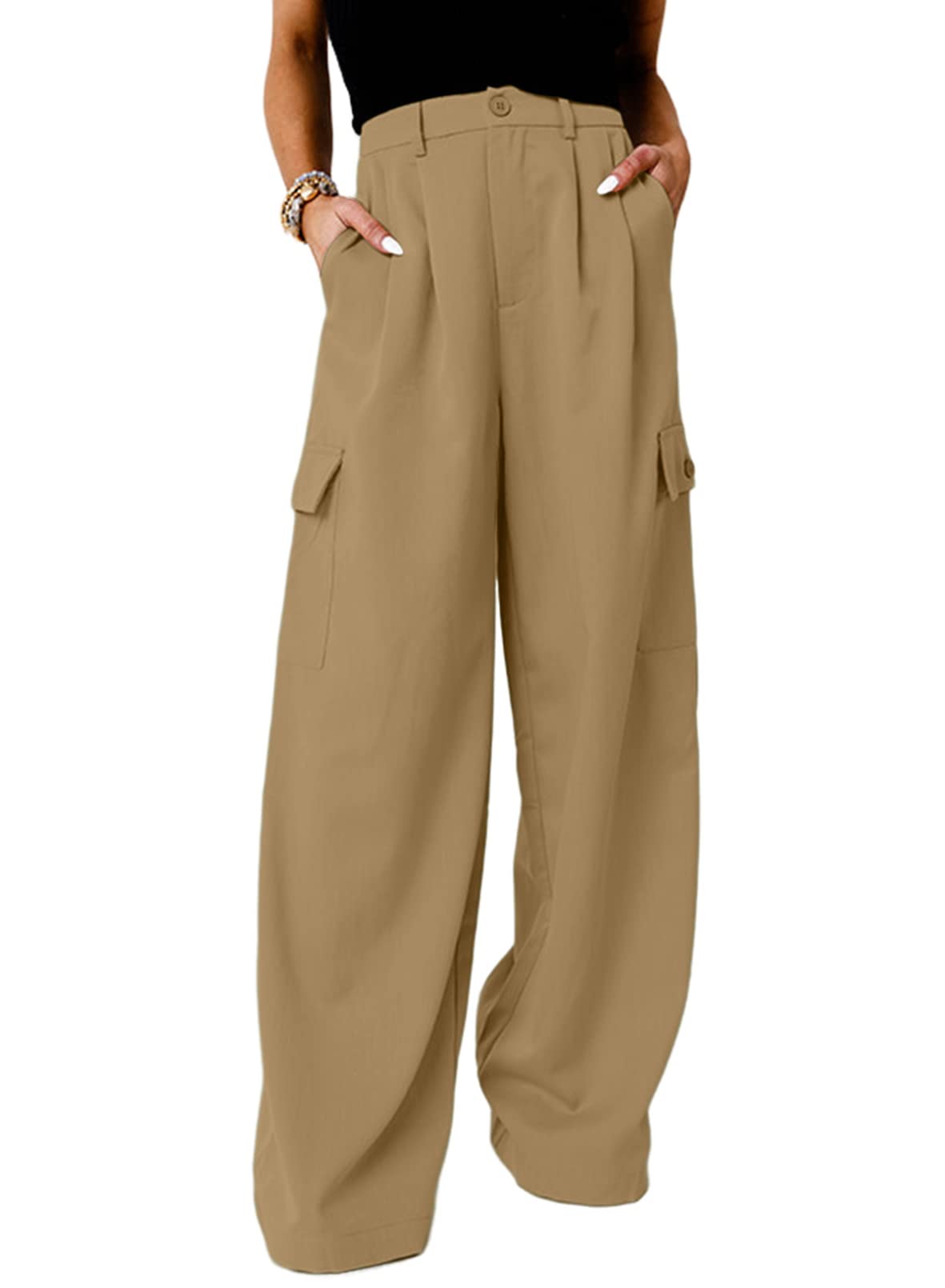 Pantalones Cargo Dokotoo Khaki Para Mujer, Cintura Alta Y Pierna Ancha - Venta Internacional.