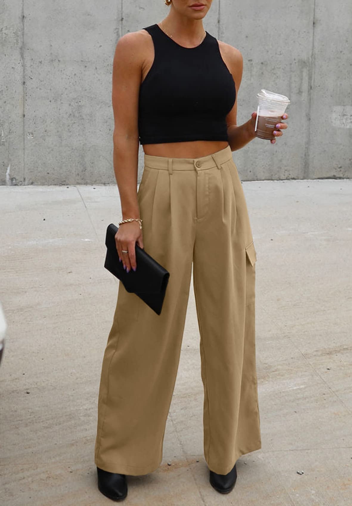 Foto 3 pulgar | Pantalones Cargo Dokotoo Khaki Para Mujer, Cintura Alta Y Pierna Ancha - Venta Internacional.