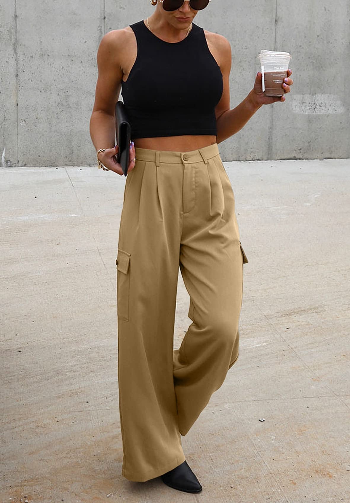 Foto 5 pulgar | Pantalones Cargo Dokotoo Khaki Para Mujer, Cintura Alta Y Pierna Ancha - Venta Internacional.