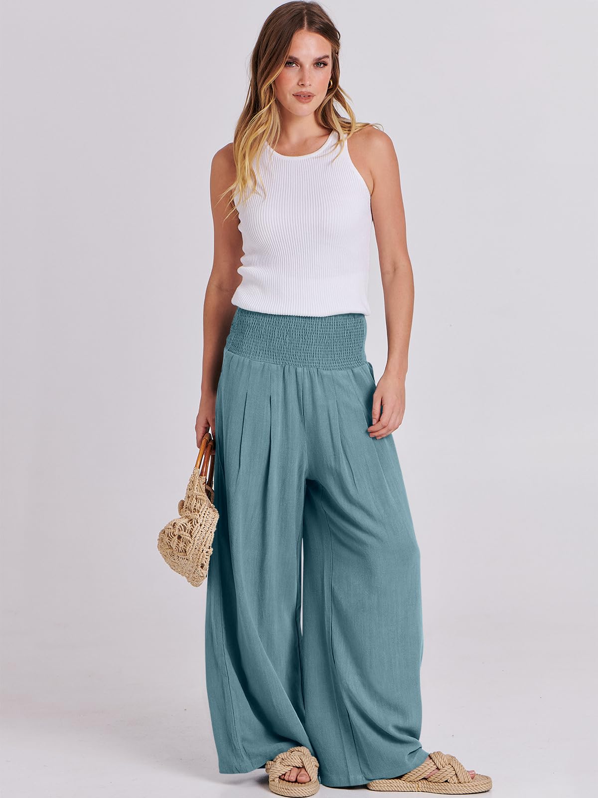 Foto 6 pulgar | Pantalones Palazzo Anrabess De Lino Para Mujer, Pernera Ancha Y Cintura Alta - Venta Internacional.