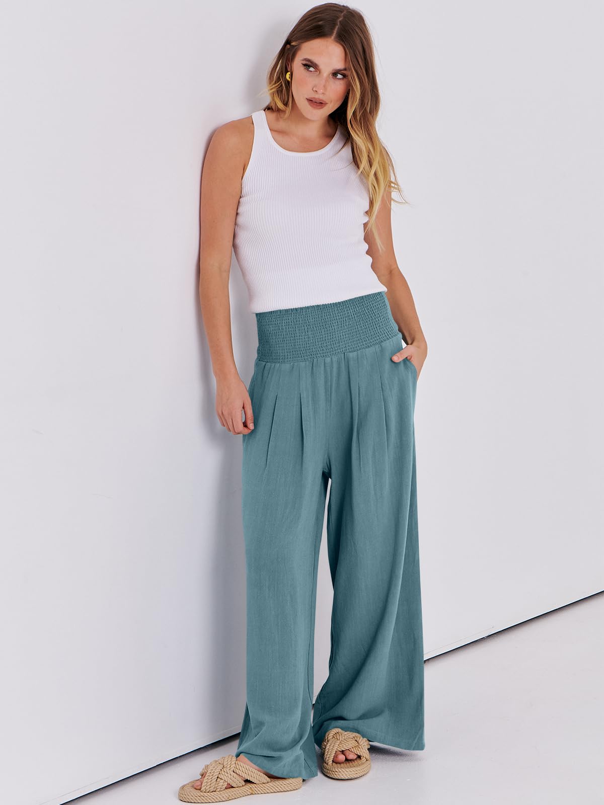 Foto 7 pulgar | Pantalones Palazzo Anrabess De Lino Para Mujer, Pernera Ancha Y Cintura Alta - Venta Internacional.